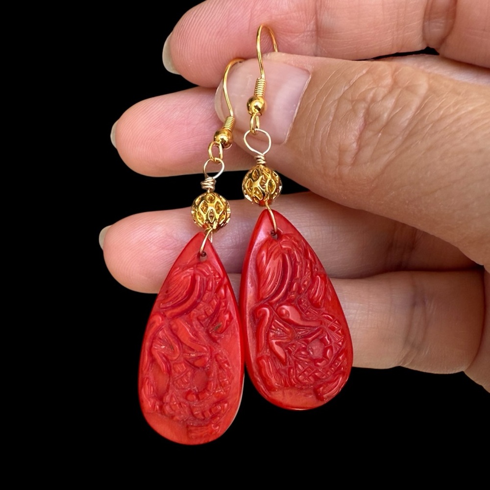 Carved red coral gold tone drop earrings - antique style